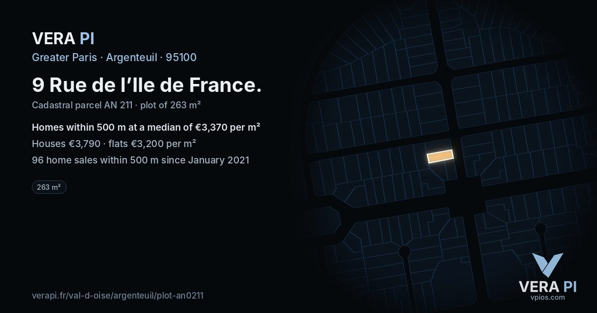 9 Rue de l’Ile de France, Argenteuil at night – the plot lit, the parcels around coloured by the prices near them