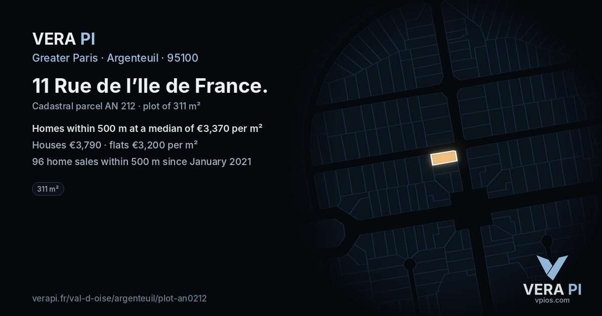 11 Rue de l’Ile de France, Argenteuil at night – the plot lit, the parcels around coloured by the prices near them