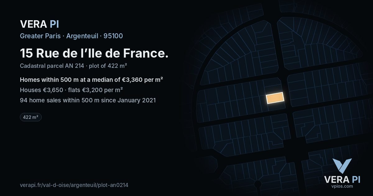 15 Rue de l’Ile de France, Argenteuil at night – the plot lit, the parcels around coloured by the prices near them