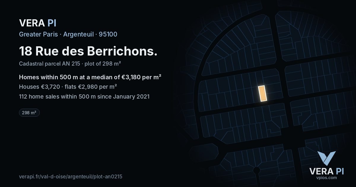 18 Rue des Berrichons, Argenteuil at night – the plot lit, the parcels around coloured by the prices near them