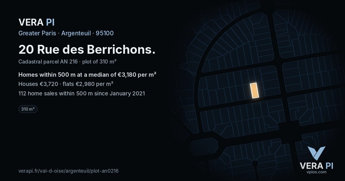 20 Rue des Berrichons, Argenteuil at night – the plot lit, the parcels around coloured by the prices near them