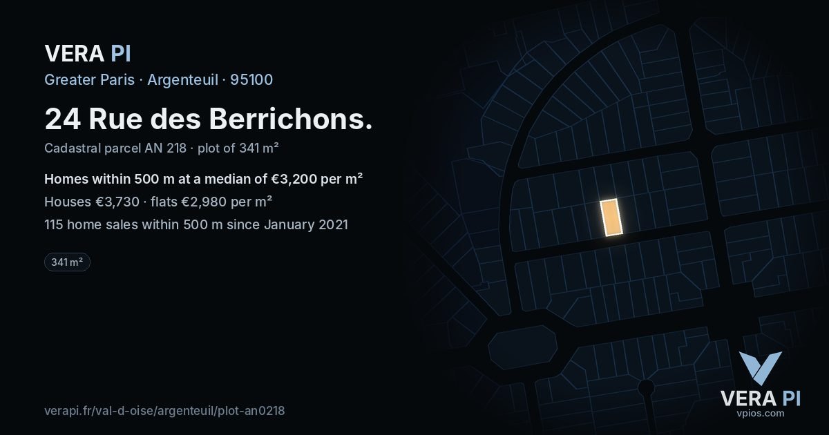 24 Rue des Berrichons, Argenteuil at night – the plot lit, the parcels around coloured by the prices near them