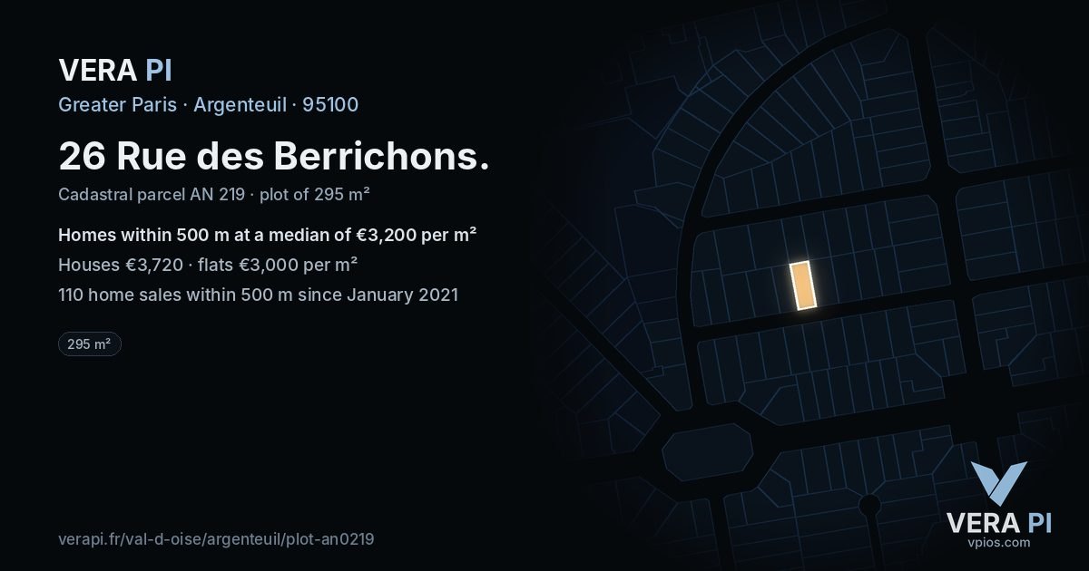 26 Rue des Berrichons, Argenteuil at night – the plot lit, the parcels around coloured by the prices near them