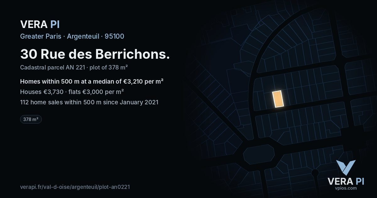 30 Rue des Berrichons, Argenteuil at night – the plot lit, the parcels around coloured by the prices near them