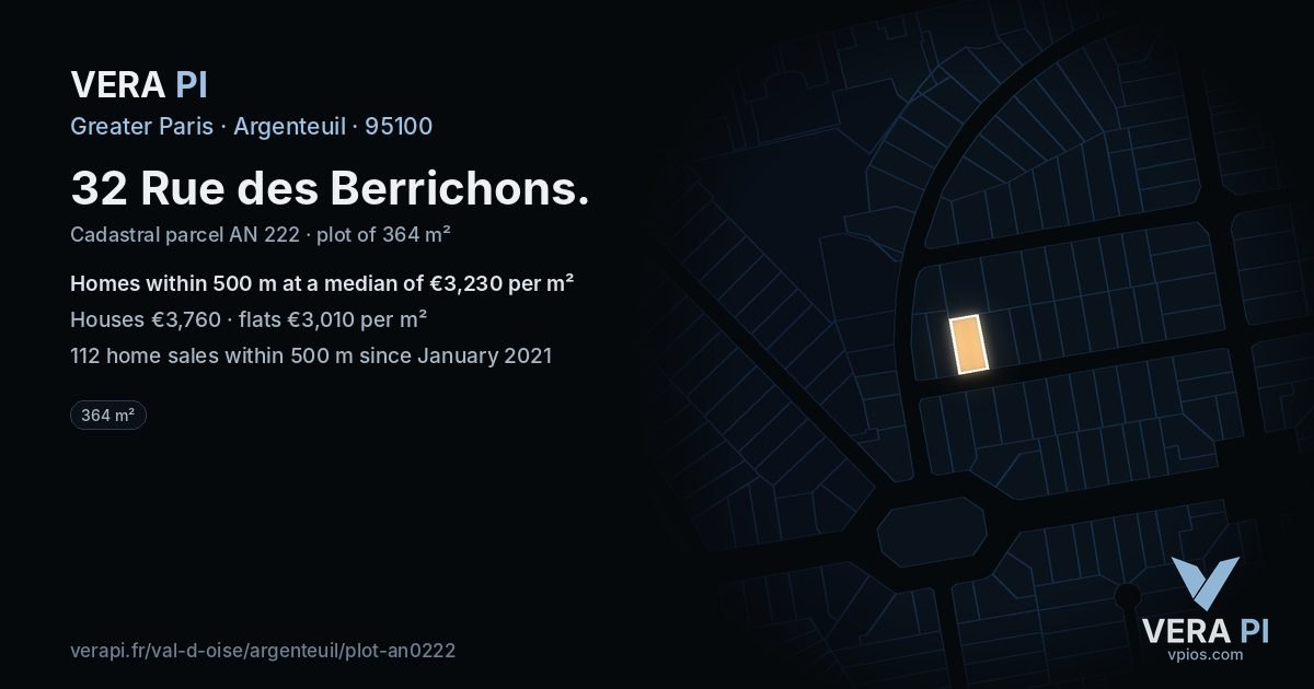 32 Rue des Berrichons, Argenteuil at night – the plot lit, the parcels around coloured by the prices near them
