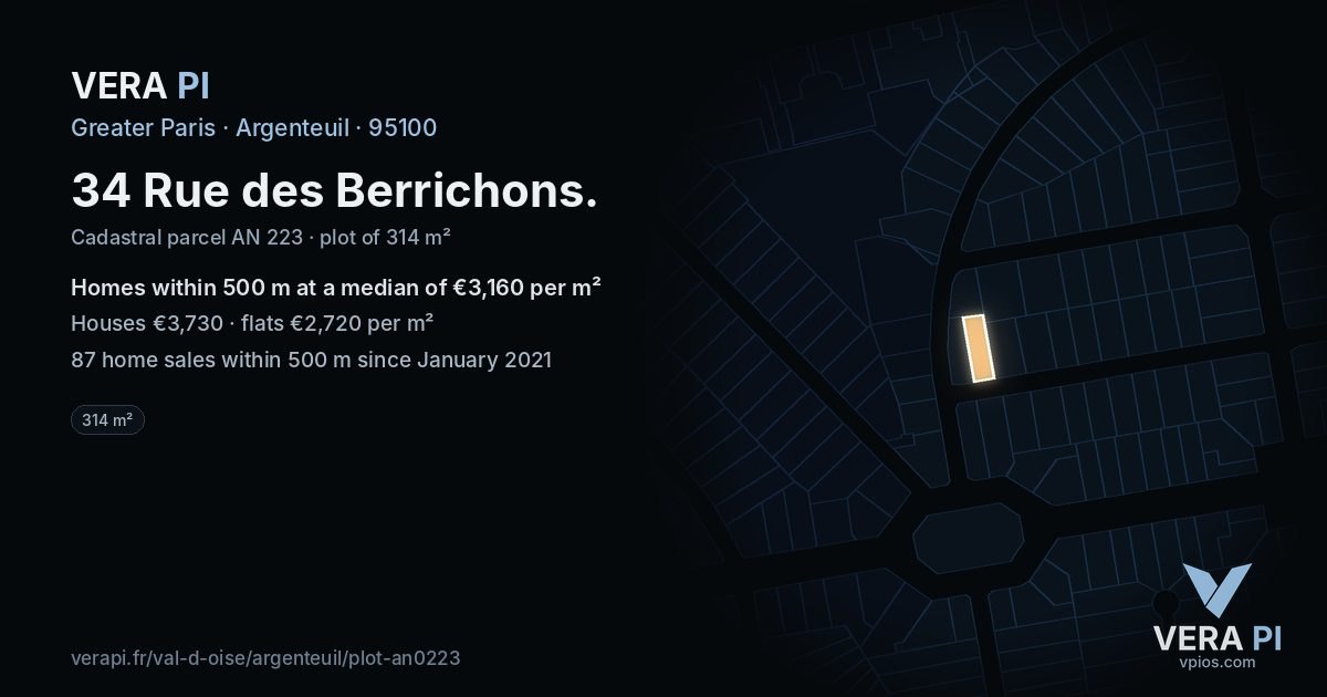 34 Rue des Berrichons, Argenteuil at night – the plot lit, the parcels around coloured by the prices near them