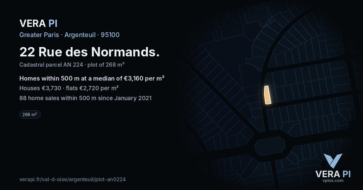 22 Rue des Normands, Argenteuil at night – the plot lit, the parcels around coloured by the prices near them