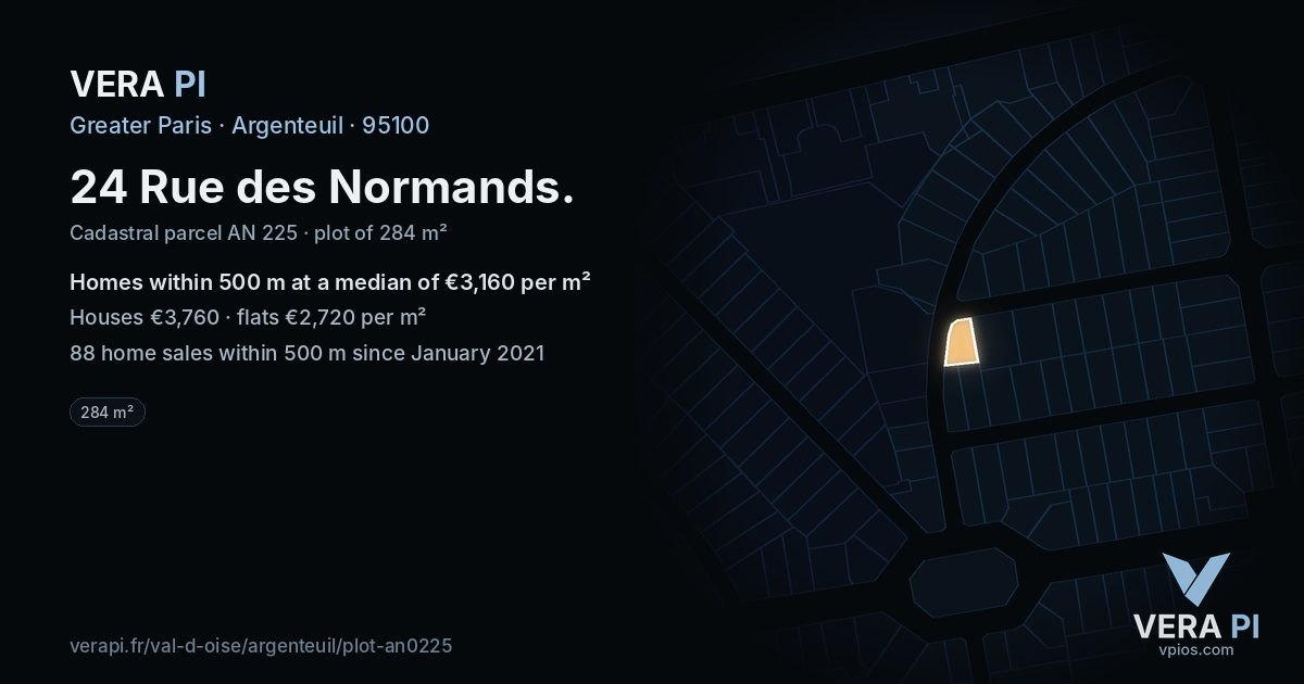 24 Rue des Normands, Argenteuil at night – the plot lit, the parcels around coloured by the prices near them