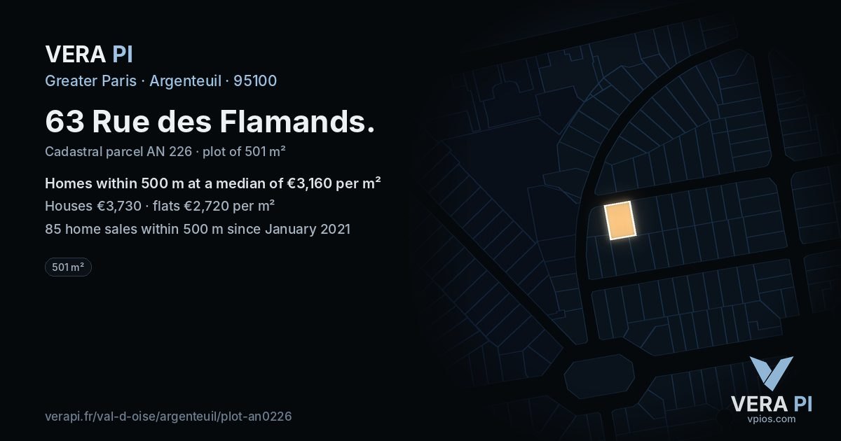 63 Rue des Flamands, Argenteuil at night – the plot lit, the parcels around coloured by the prices near them