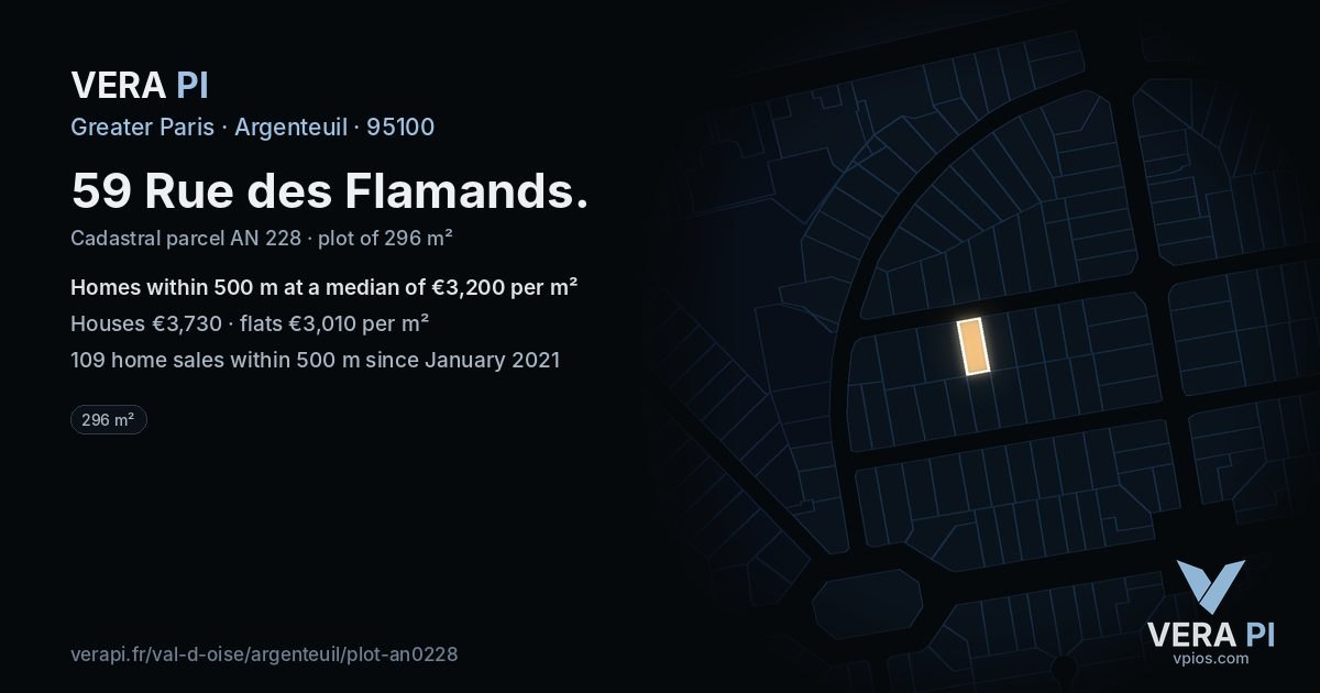 59 Rue des Flamands, Argenteuil at night – the plot lit, the parcels around coloured by the prices near them