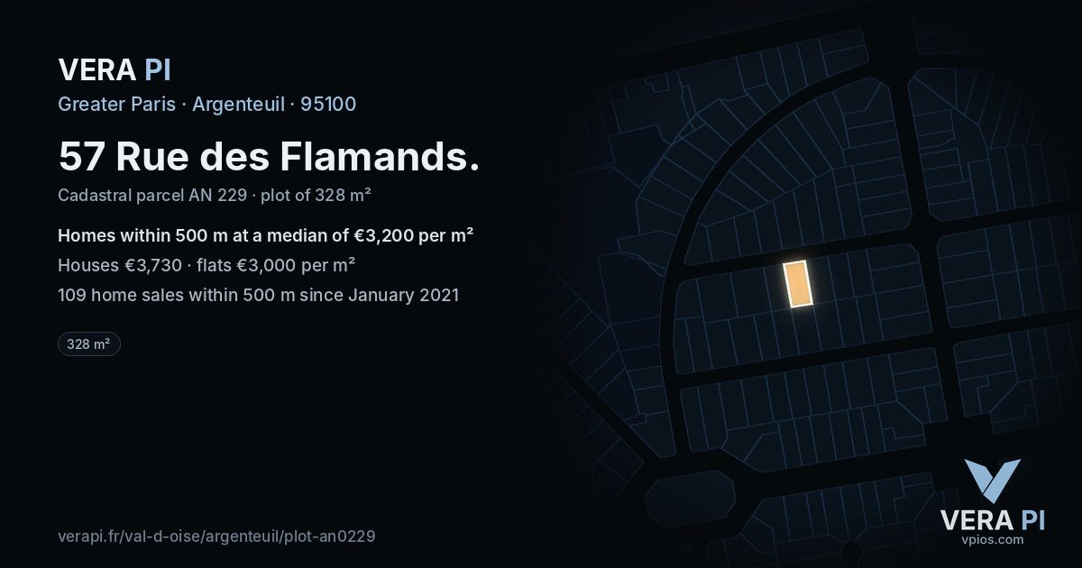 57 Rue des Flamands, Argenteuil at night – the plot lit, the parcels around coloured by the prices near them
