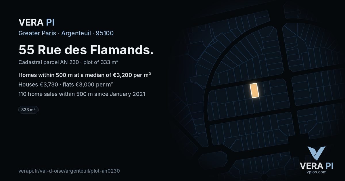 55 Rue des Flamands, Argenteuil at night – the plot lit, the parcels around coloured by the prices near them