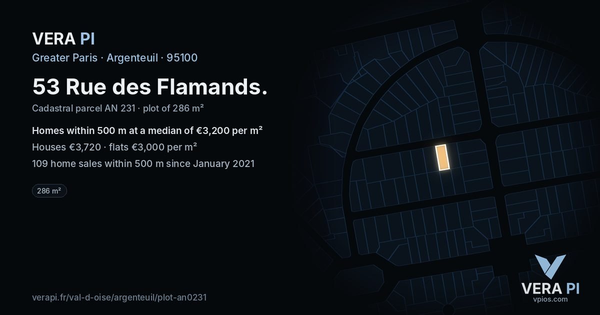 53 Rue des Flamands, Argenteuil at night – the plot lit, the parcels around coloured by the prices near them