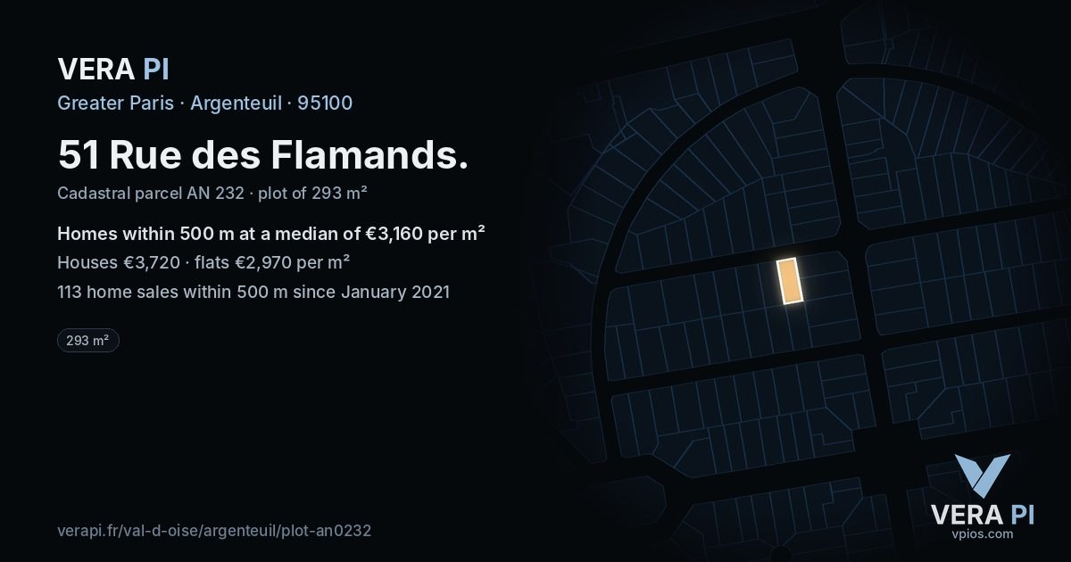 51 Rue des Flamands, Argenteuil at night – the plot lit, the parcels around coloured by the prices near them