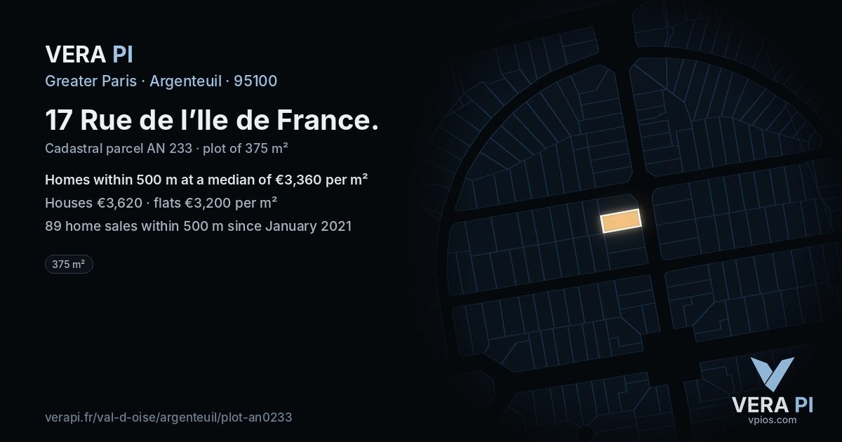 17 Rue de l’Ile de France, Argenteuil at night – the plot lit, the parcels around coloured by the prices near them