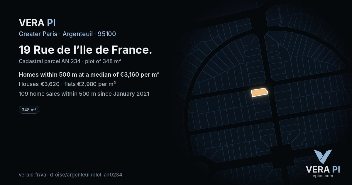 19 Rue de l’Ile de France, Argenteuil at night – the plot lit, the parcels around coloured by the prices near them