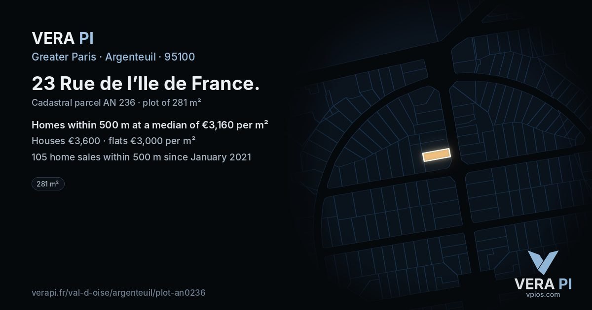 23 Rue de l’Ile de France, Argenteuil at night – the plot lit, the parcels around coloured by the prices near them