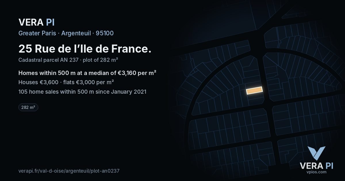 25 Rue de l’Ile de France, Argenteuil at night – the plot lit, the parcels around coloured by the prices near them