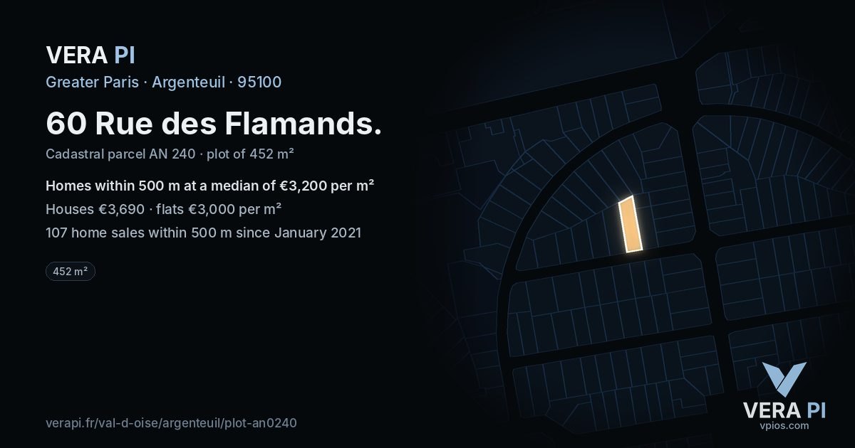 60 Rue des Flamands, Argenteuil at night – the plot lit, the parcels around coloured by the prices near them