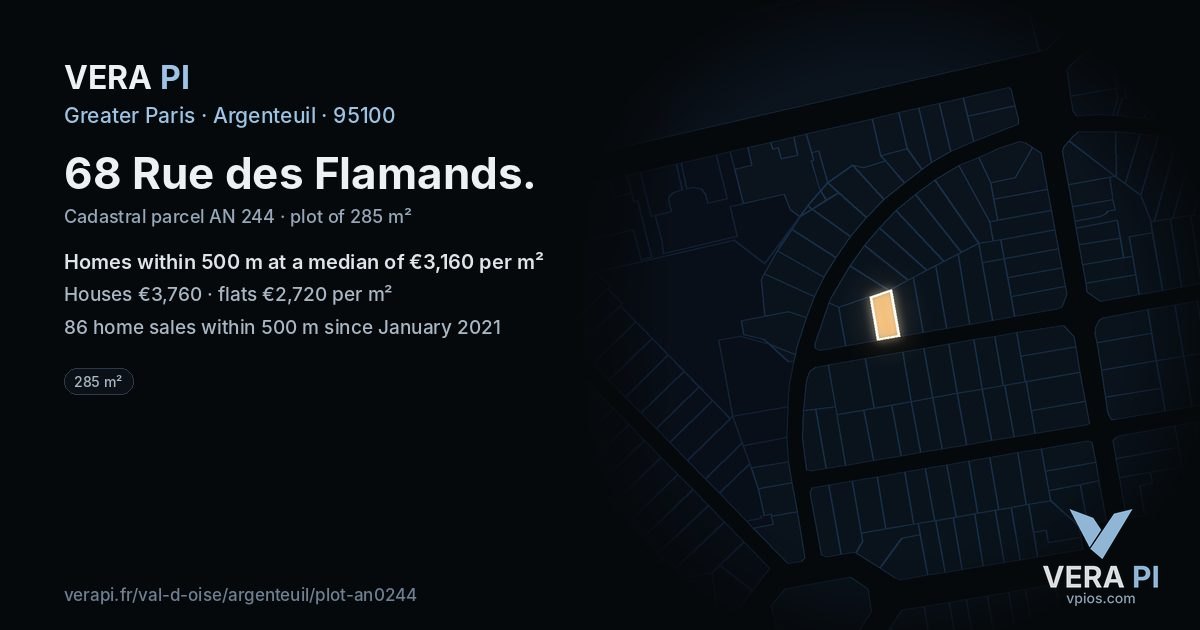 68 Rue des Flamands, Argenteuil at night – the plot lit, the parcels around coloured by the prices near them