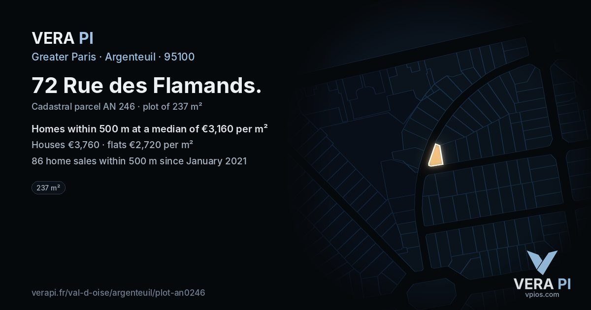 72 Rue des Flamands, Argenteuil at night – the plot lit, the parcels around coloured by the prices near them