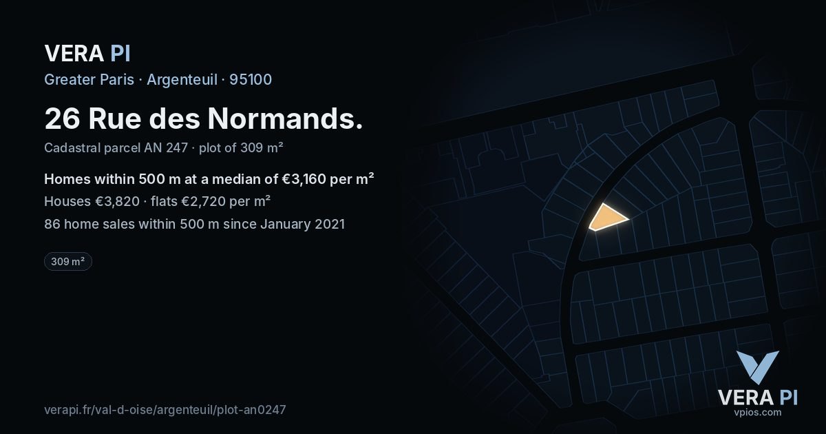 26 Rue des Normands, Argenteuil at night – the plot lit, the parcels around coloured by the prices near them