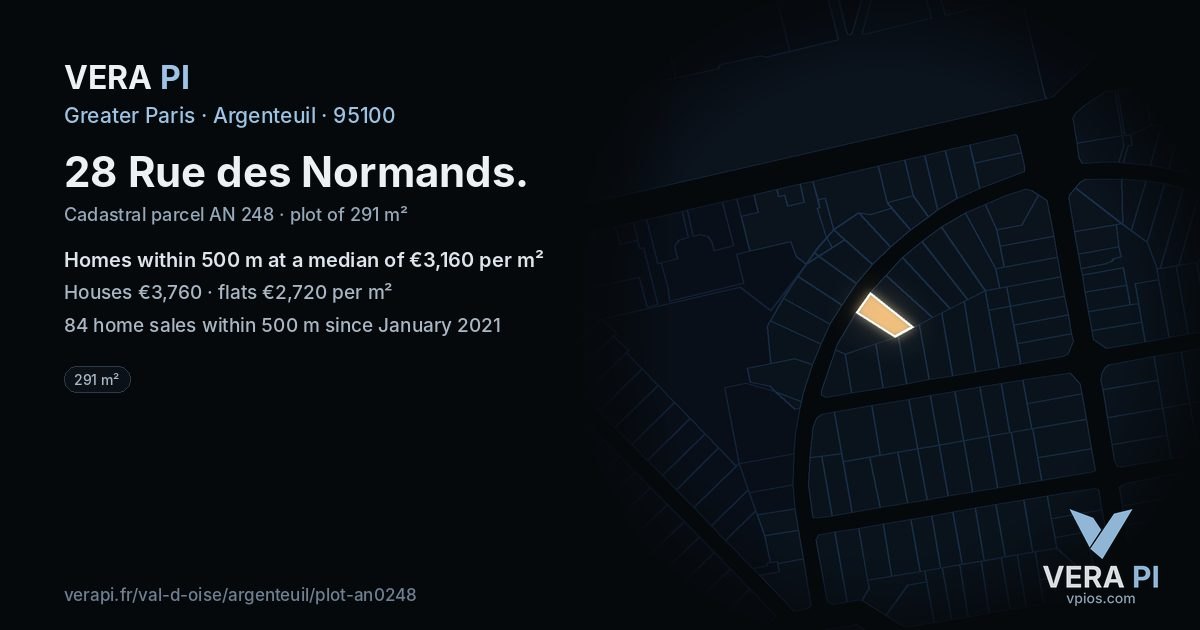 28 Rue des Normands, Argenteuil at night – the plot lit, the parcels around coloured by the prices near them