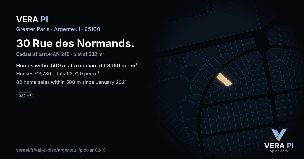 30 Rue des Normands, Argenteuil at night – the plot lit, the parcels around coloured by the prices near them