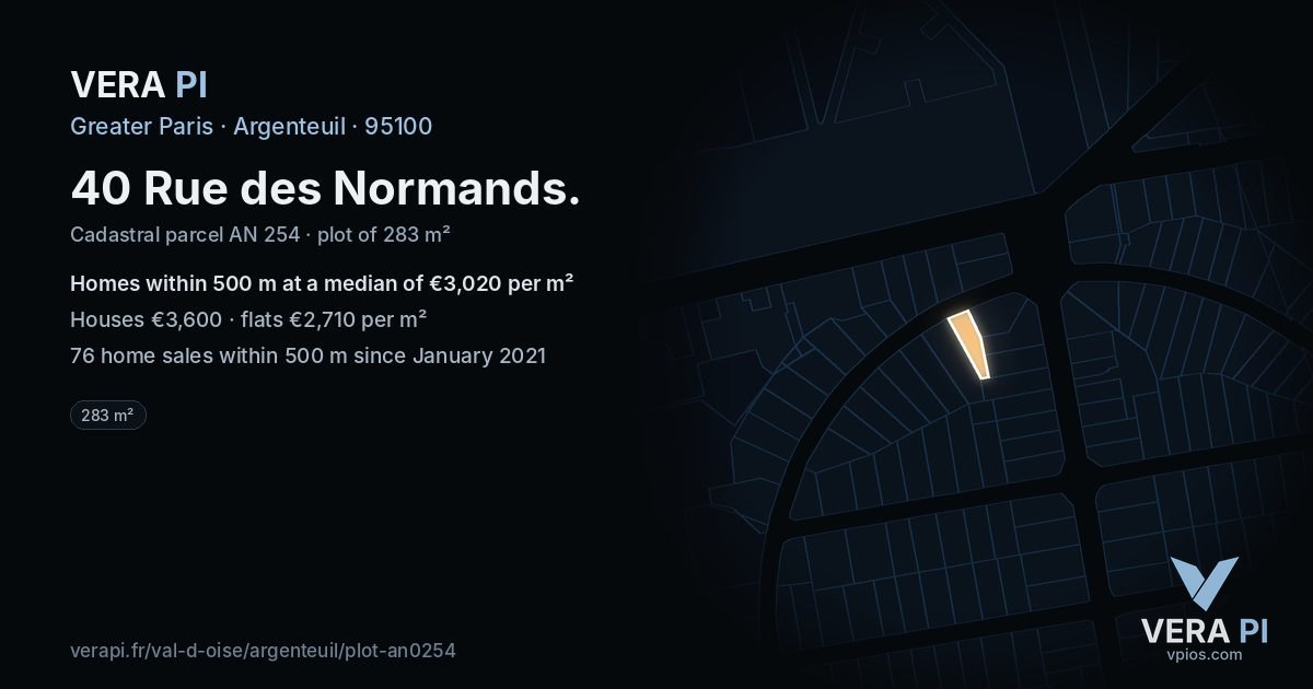 40 Rue des Normands, Argenteuil at night – the plot lit, the parcels around coloured by the prices near them