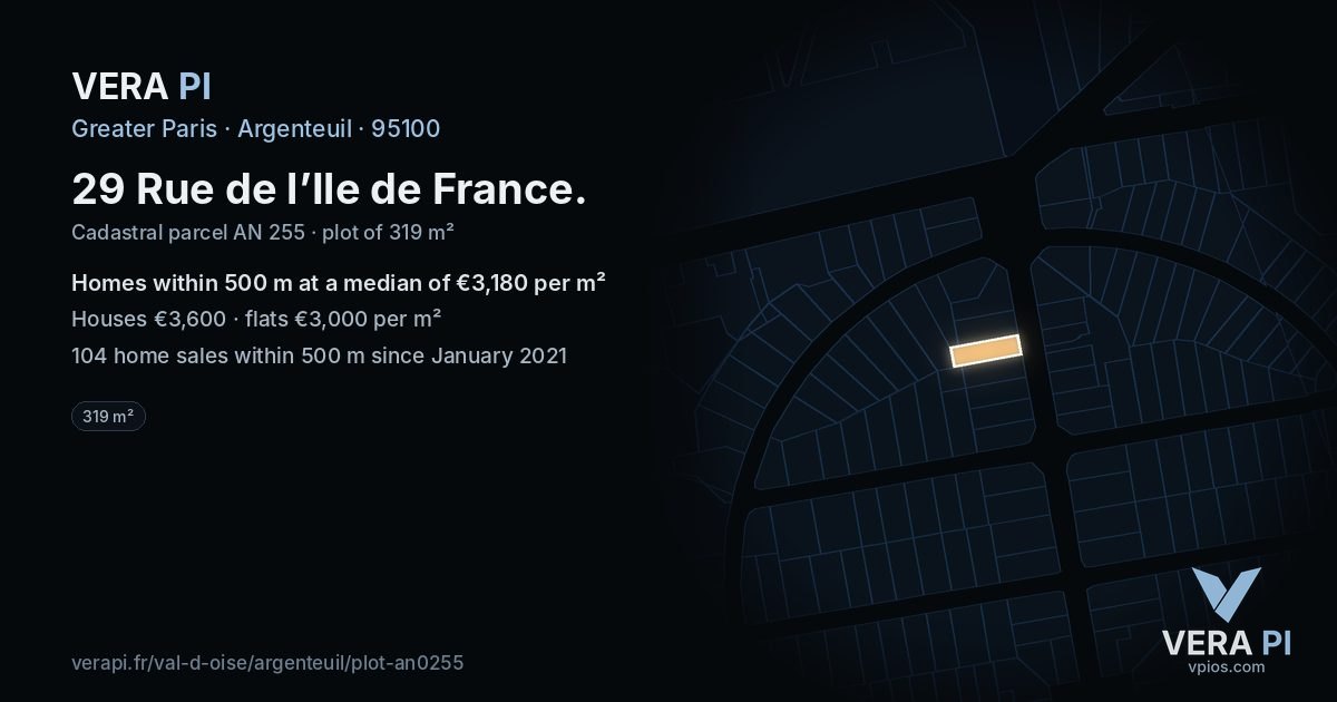 29 Rue de l’Ile de France, Argenteuil at night – the plot lit, the parcels around coloured by the prices near them