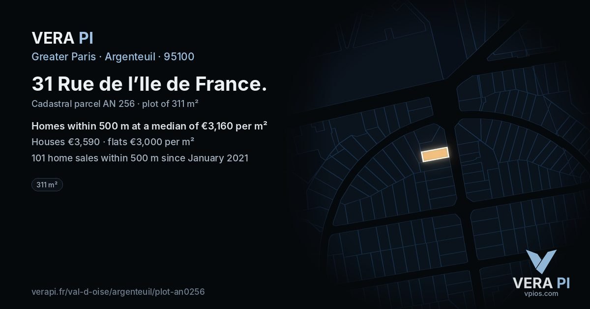 31 Rue de l’Ile de France, Argenteuil at night – the plot lit, the parcels around coloured by the prices near them
