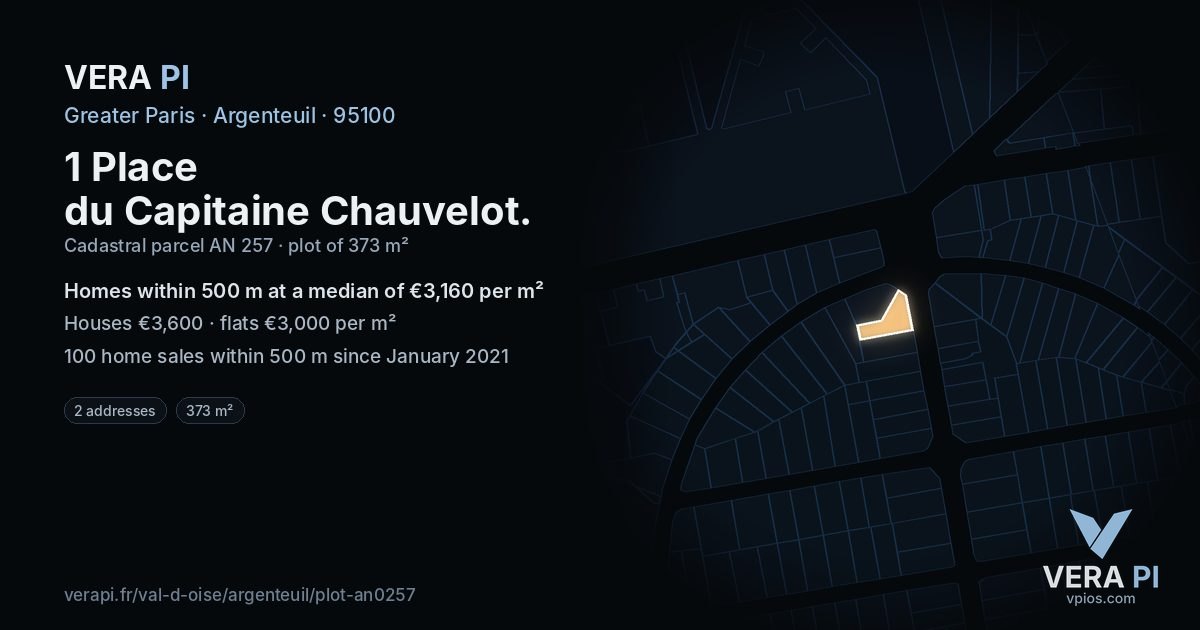 1 Place du Capitaine Chauvelot, Argenteuil at night – the plot lit, the parcels around coloured by the prices near them