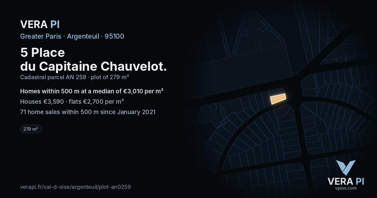 5 Place du Capitaine Chauvelot, Argenteuil at night – the plot lit, the parcels around coloured by the prices near them