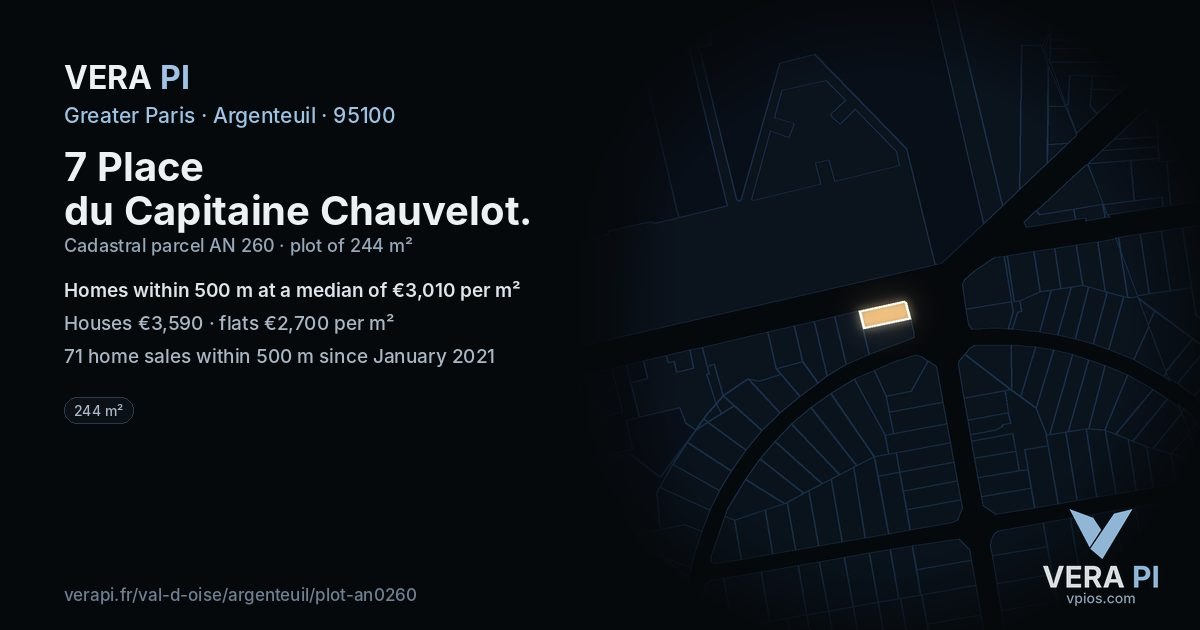 7 Place du Capitaine Chauvelot, Argenteuil at night – the plot lit, the parcels around coloured by the prices near them
