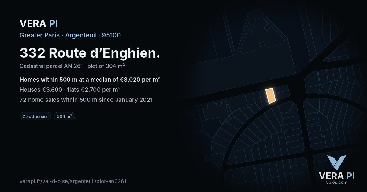 332 Route d’Enghien, Argenteuil at night – the plot lit, the parcels around coloured by the prices near them