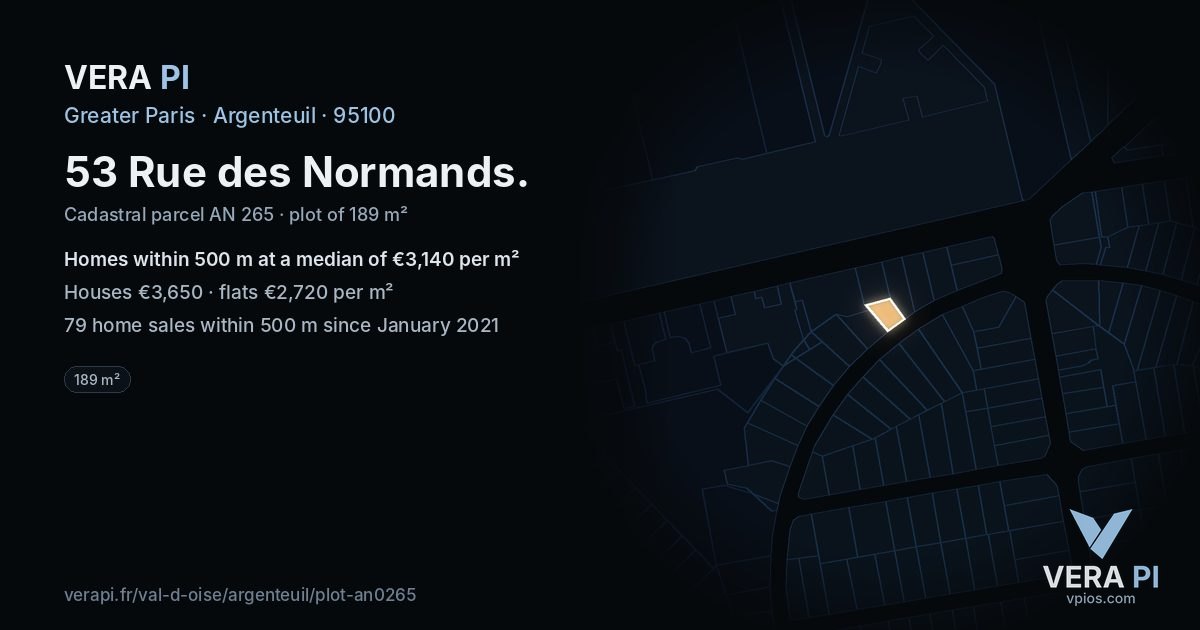 53 Rue des Normands, Argenteuil at night – the plot lit, the parcels around coloured by the prices near them