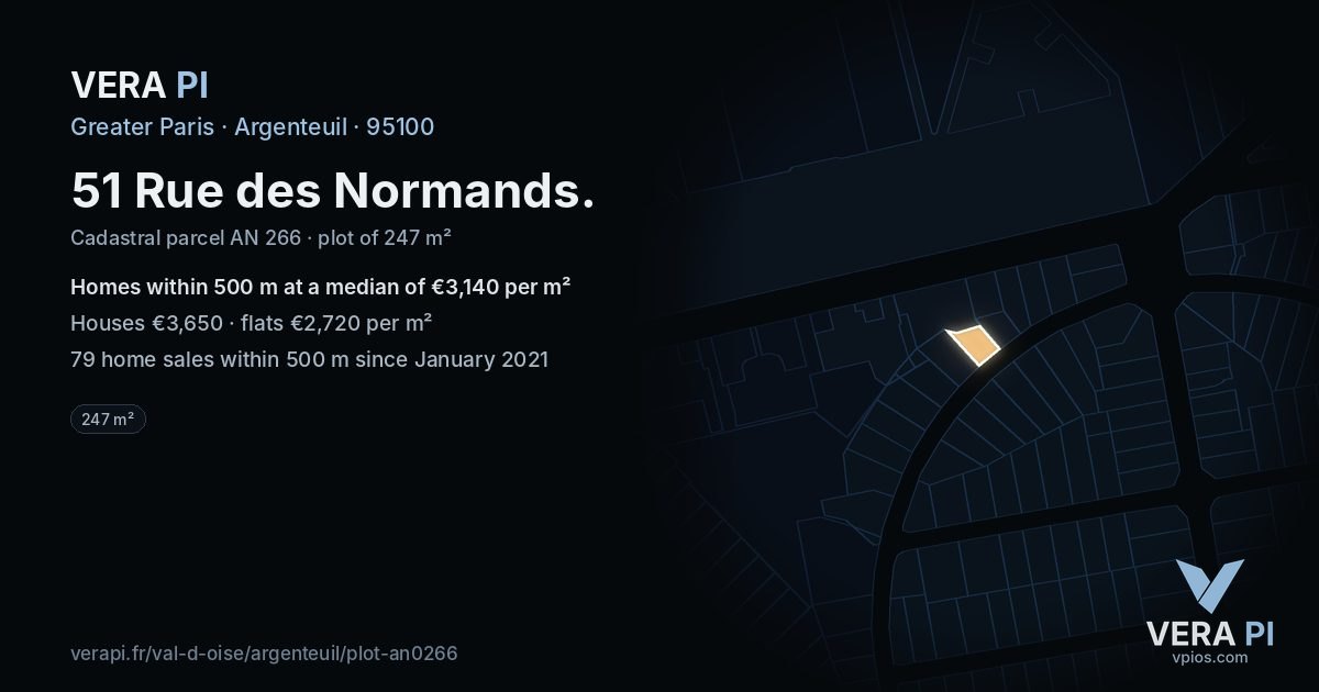 51 Rue des Normands, Argenteuil at night – the plot lit, the parcels around coloured by the prices near them