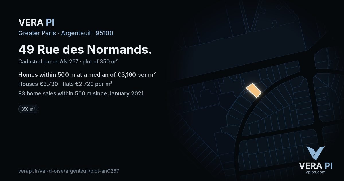 49 Rue des Normands, Argenteuil at night – the plot lit, the parcels around coloured by the prices near them
