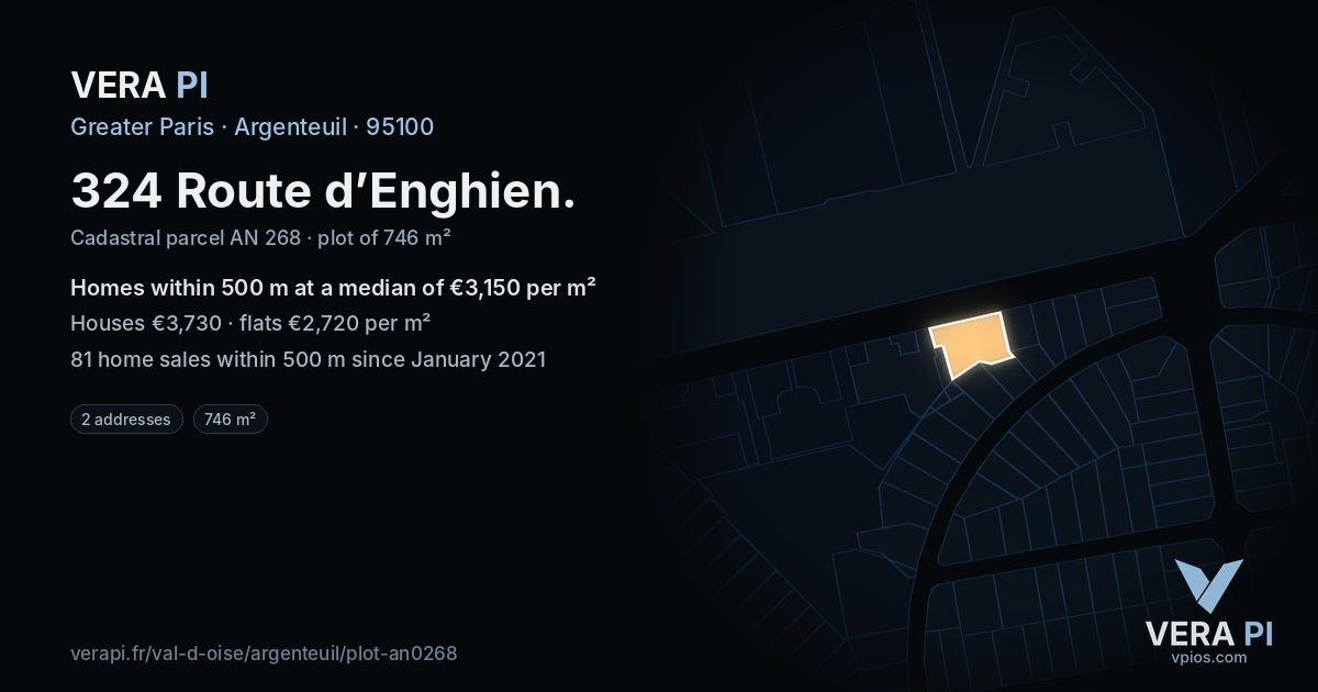 324 Route d’Enghien, Argenteuil at night – the plot lit, the parcels around coloured by the prices near them