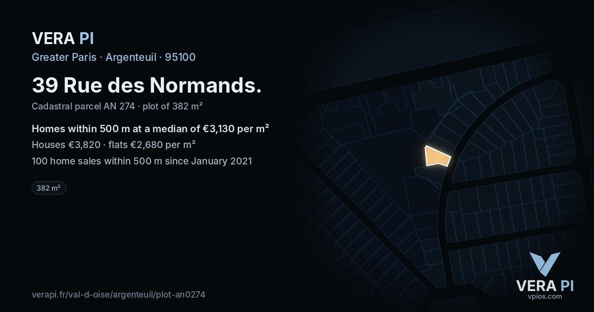 39 Rue des Normands, Argenteuil at night – the plot lit, the parcels around coloured by the prices near them