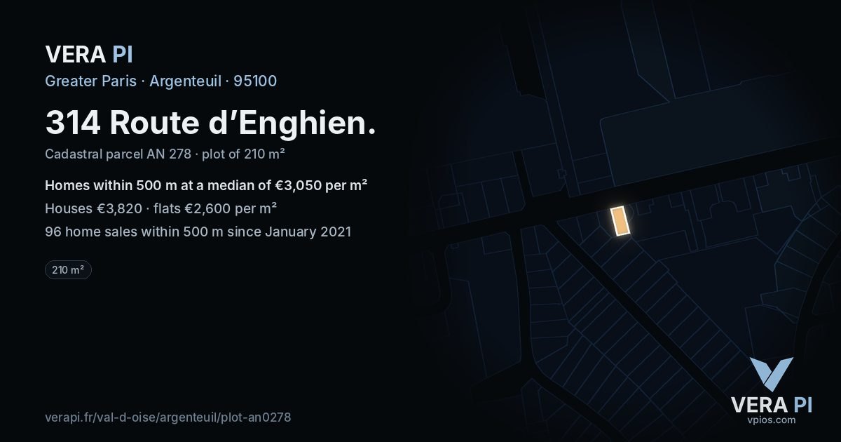 314 Route d’Enghien, Argenteuil at night – the plot lit, the parcels around coloured by the prices near them