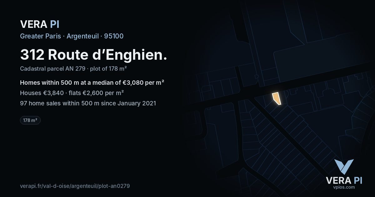 312 Route d’Enghien, Argenteuil at night – the plot lit, the parcels around coloured by the prices near them