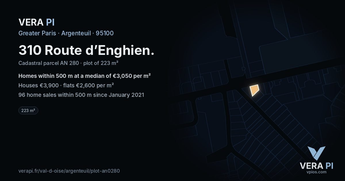 310 Route d’Enghien, Argenteuil at night – the plot lit, the parcels around coloured by the prices near them