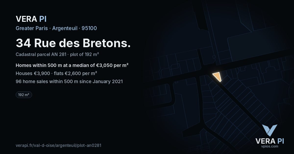 34 Rue des Bretons, Argenteuil at night – the plot lit, the parcels around coloured by the prices near them