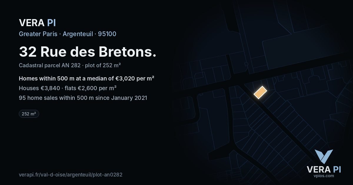 32 Rue des Bretons, Argenteuil at night – the plot lit, the parcels around coloured by the prices near them