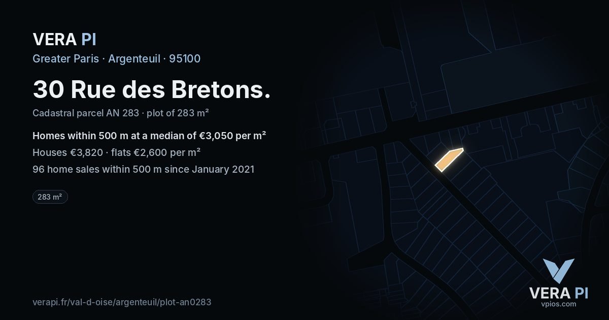 30 Rue des Bretons, Argenteuil at night – the plot lit, the parcels around coloured by the prices near them