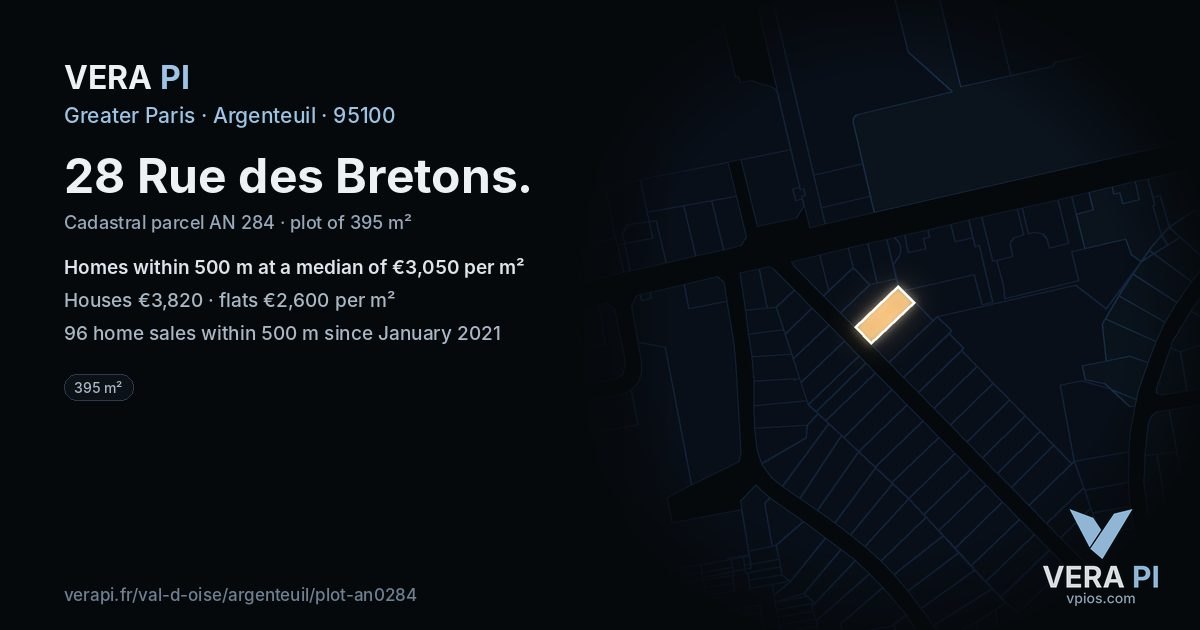 28 Rue des Bretons, Argenteuil at night – the plot lit, the parcels around coloured by the prices near them