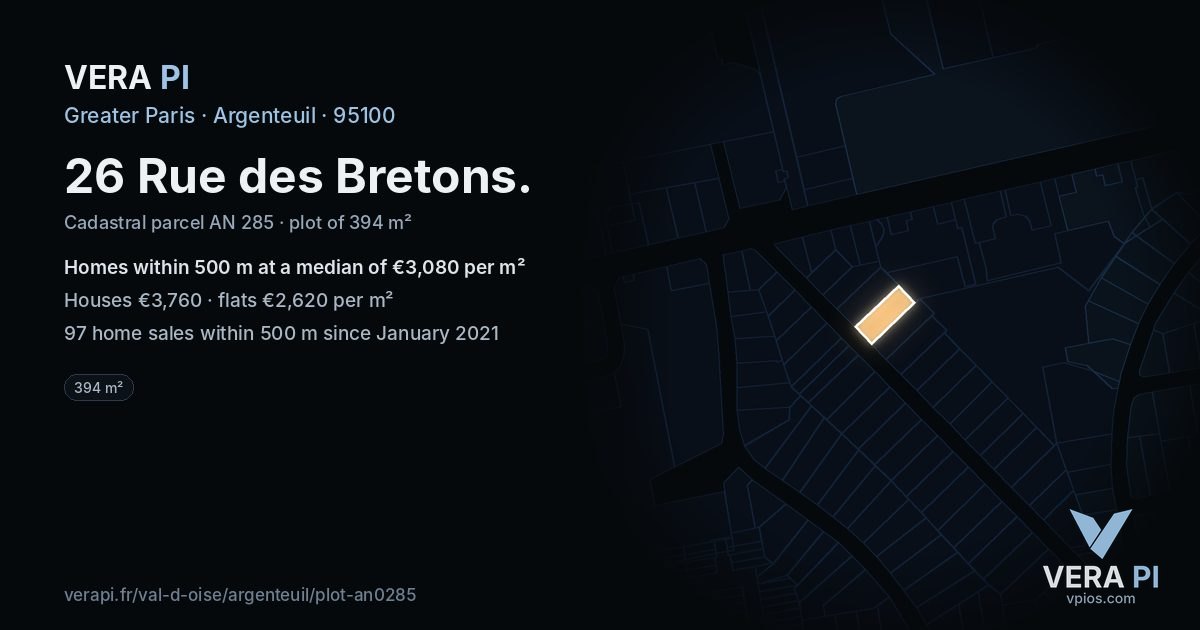 26 Rue des Bretons, Argenteuil at night – the plot lit, the parcels around coloured by the prices near them
