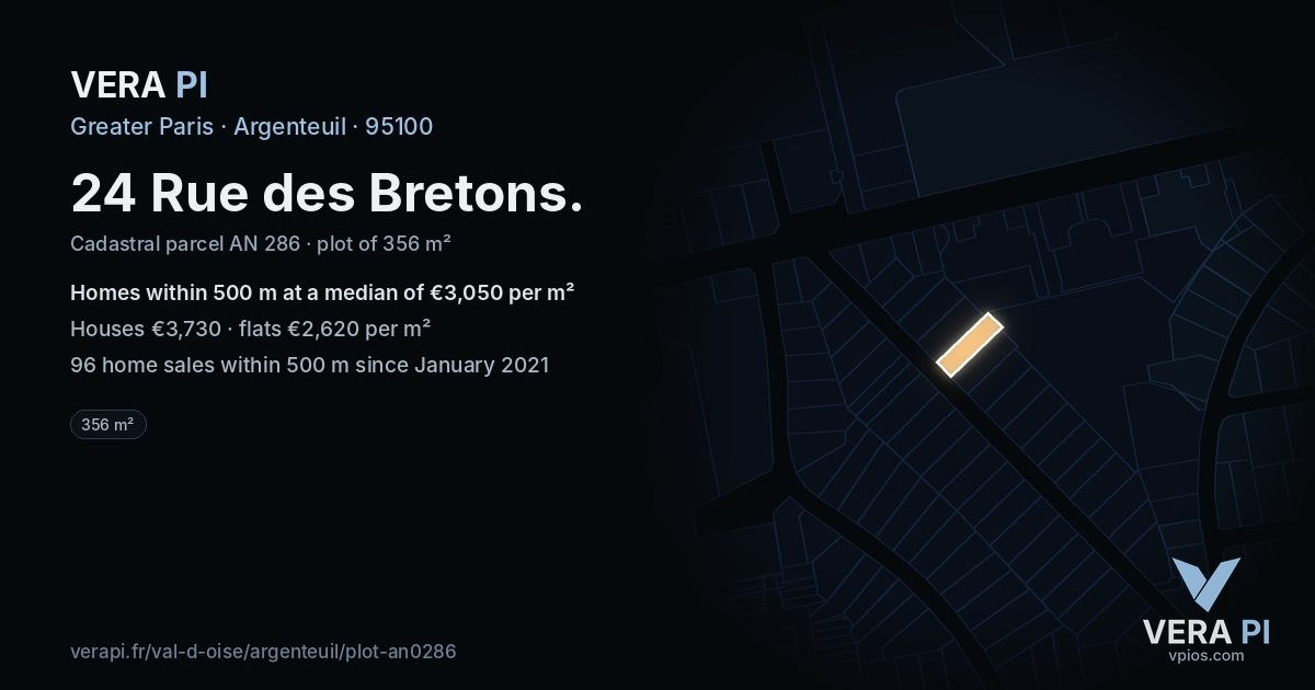 24 Rue des Bretons, Argenteuil at night – the plot lit, the parcels around coloured by the prices near them