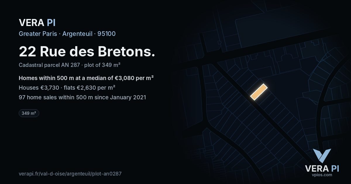 22 Rue des Bretons, Argenteuil at night – the plot lit, the parcels around coloured by the prices near them